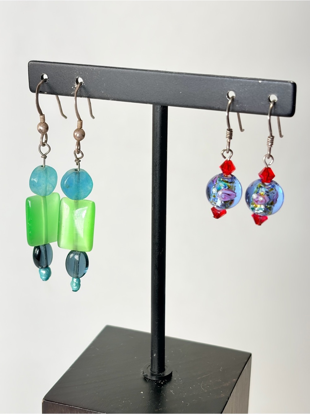 2 Handmade Artisan Blue Green Red Glass Bead Sterling Silver marked 925 Earrings